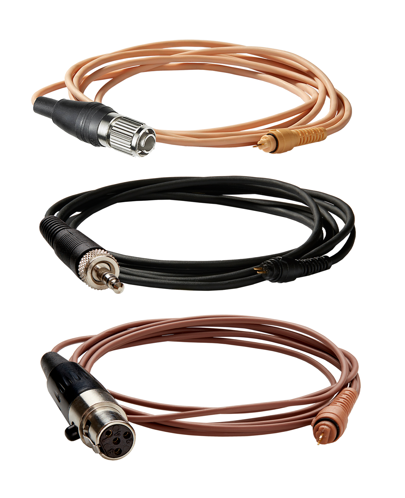 A set of three replacement cables for LIZ headset microphones in different colors (top to bottom: beige, black, brown) with various connectors at each end.