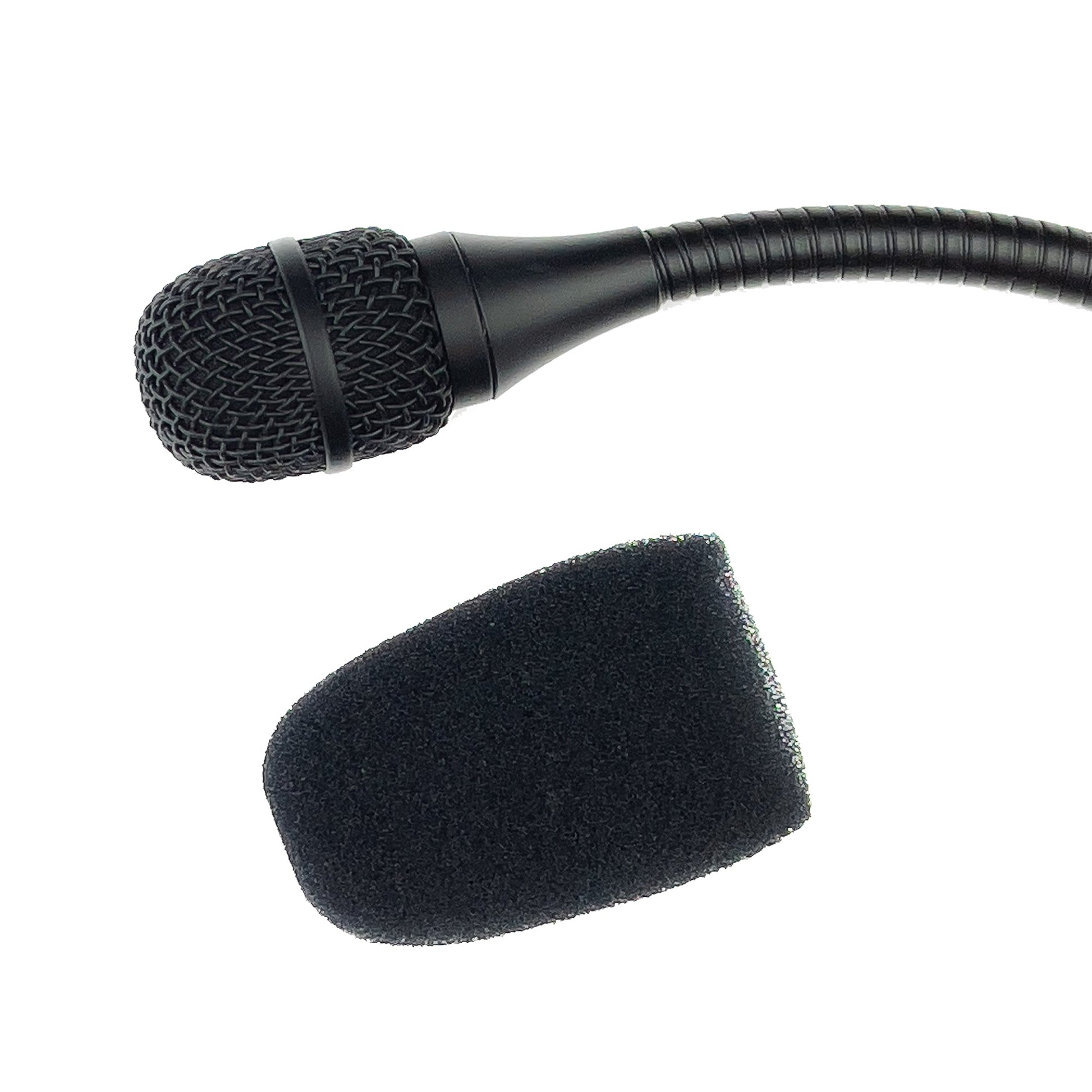 Acacia Audio Gooseneck Microphone with flexible stem and sturdy base, commonly used in conferences, lectures, houses of worship, and government or corporate settings for clear speech capture shown is capsule and windscreen