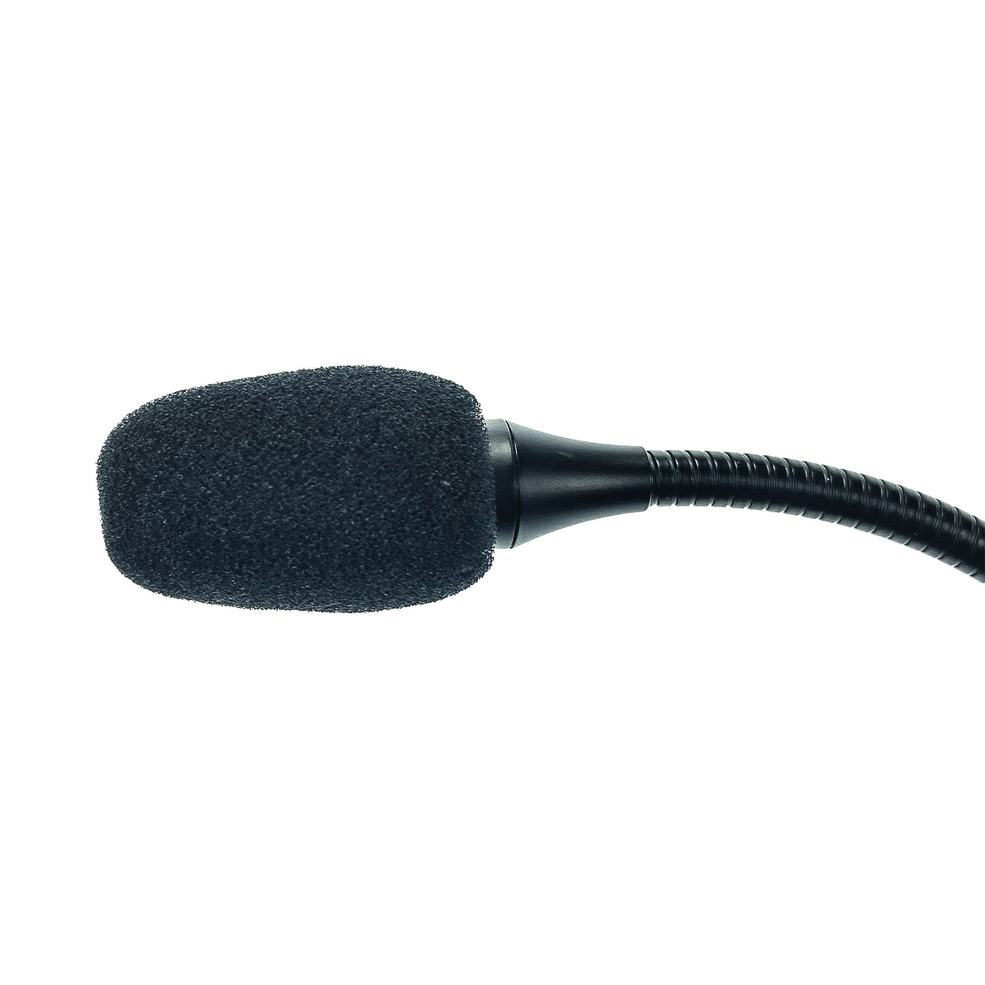 Acacia Audio Gooseneck Microphone with flexible stem and sturdy base, commonly used in conferences, lectures, houses of worship, and government or corporate settings for clear speech capture shown is capsule with windscreen attached