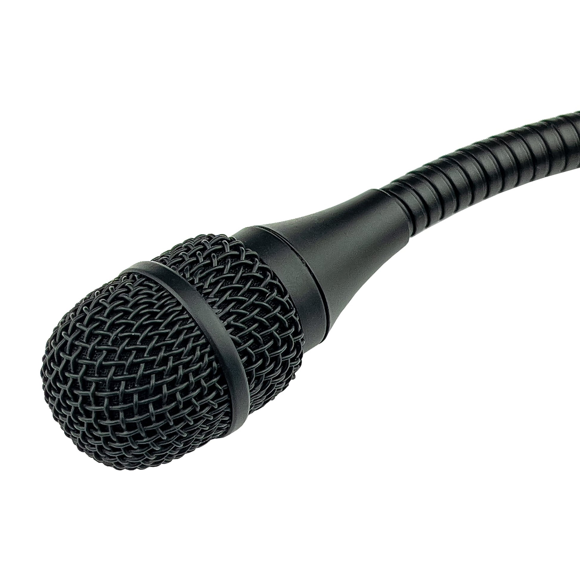 Acacia Audio Gooseneck Microphone with flexible stem and sturdy base, commonly used in conferences, lectures, houses of worship, and government or corporate settings for clear speech capture shown is capsule