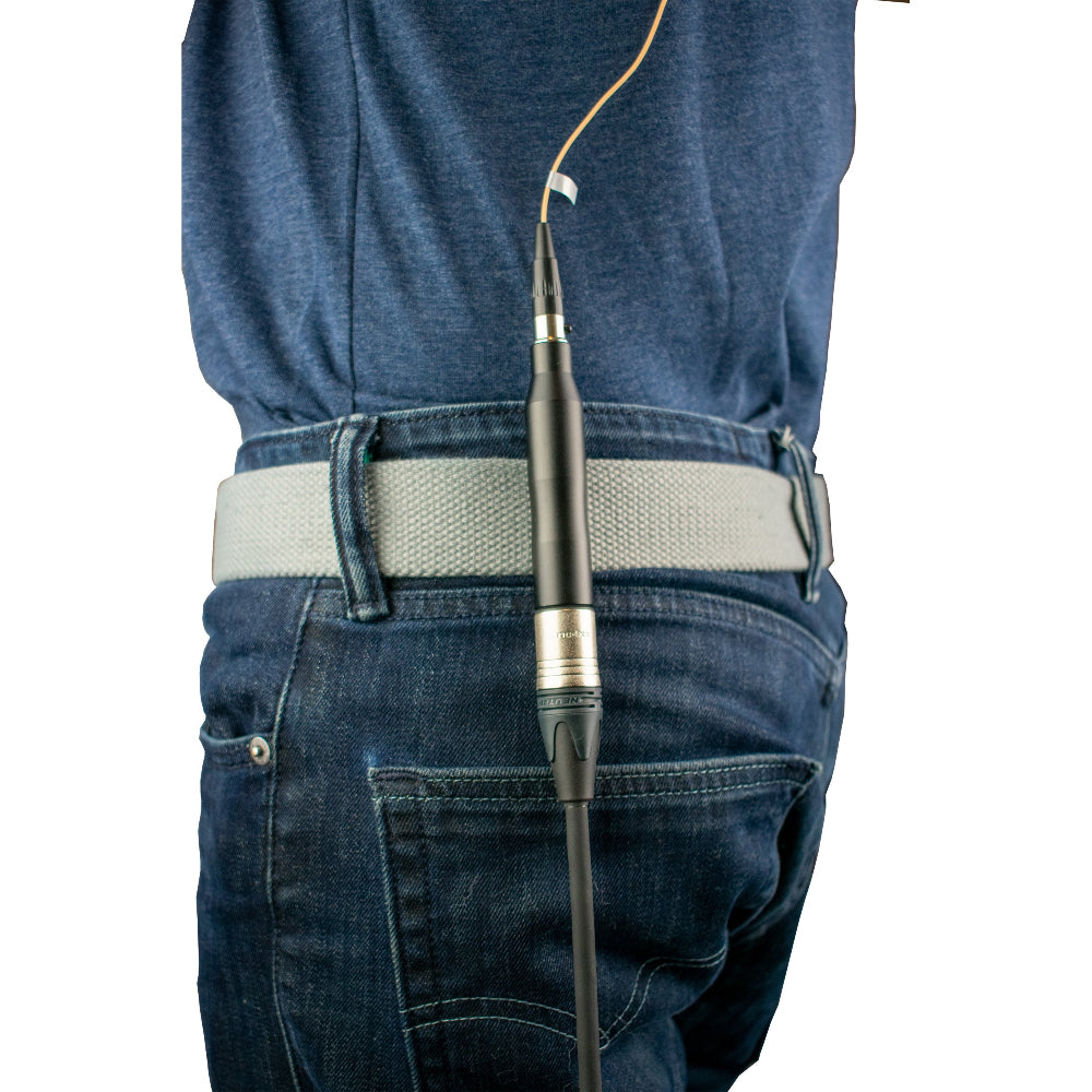 Acacia Audio Hardwired Headset Microphone Adapter TA4F to XLR clipped on belt