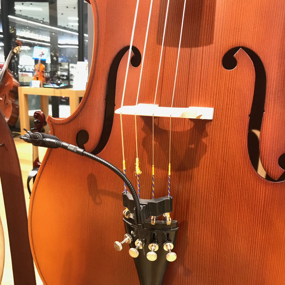 Cello instrument microphone from Acacia Audio with specialized mount and flexible gooseneck, designed for precise stereo recording on acoustic instruments.