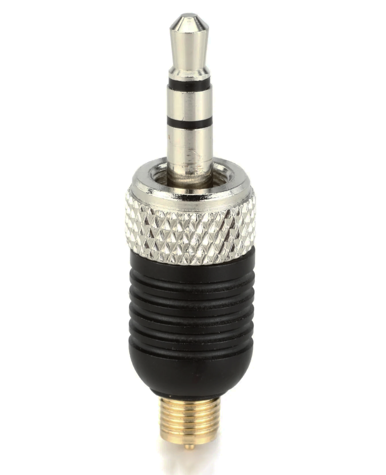 A black and silver Sennheiser wireless adapter for LIZ-Instrument mics with a 1/8-inch TRS connector.