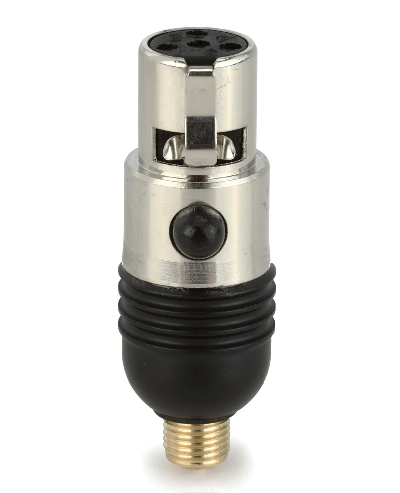 A Shure wireless adapter with a T4AF connector for LIZ-Instrument mics, featuring a metal body with a black and silver color scheme.