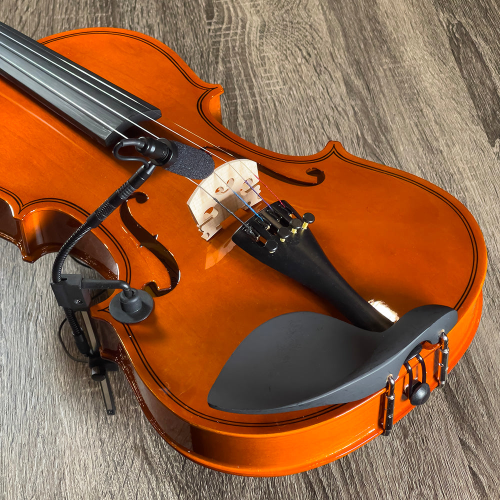 Violin instrument microphone from Acacia Audio with specialized mount and flexible gooseneck, designed for precise stereo recording on acoustic instruments.