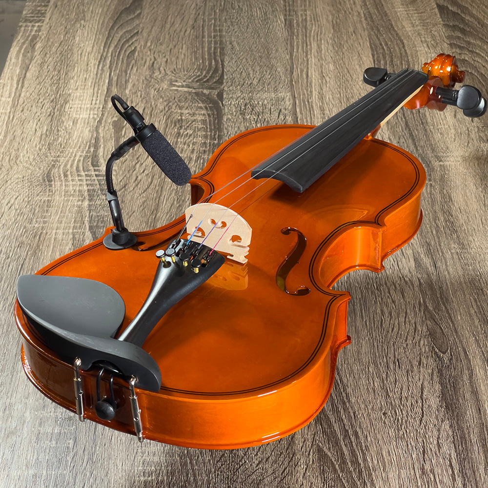 Violin instrument microphone from Acacia Audio with specialized mount and flexible gooseneck, designed for precise stereo recording on acoustic instruments.