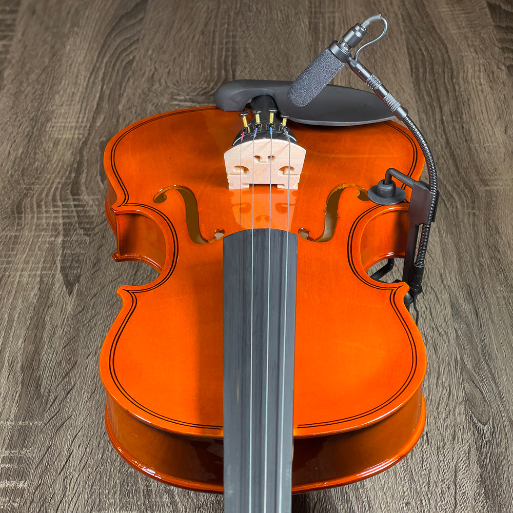 Violin instrument microphone from Acacia Audio with specialized mount and flexible gooseneck, designed for precise stereo recording on acoustic instruments.