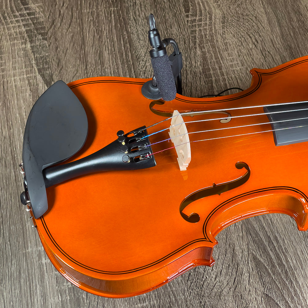 Violin instrument microphone from Acacia Audio with specialized mount and flexible gooseneck, designed for precise stereo recording on acoustic instruments.