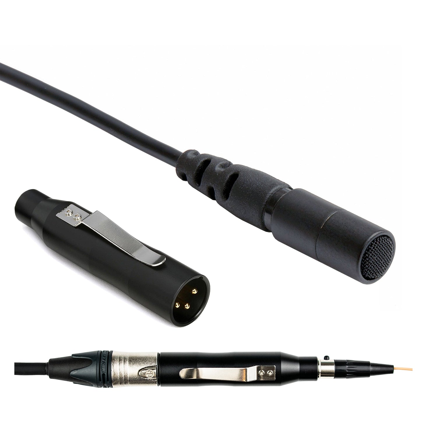 Acacia Audio Platinum Lavalier microphone – a compact, clip-on lapel mic with a sleek black design, wired connection, and foam windscreen, designed for clear audio recording in professional or mobile setups shown with hard wire connector