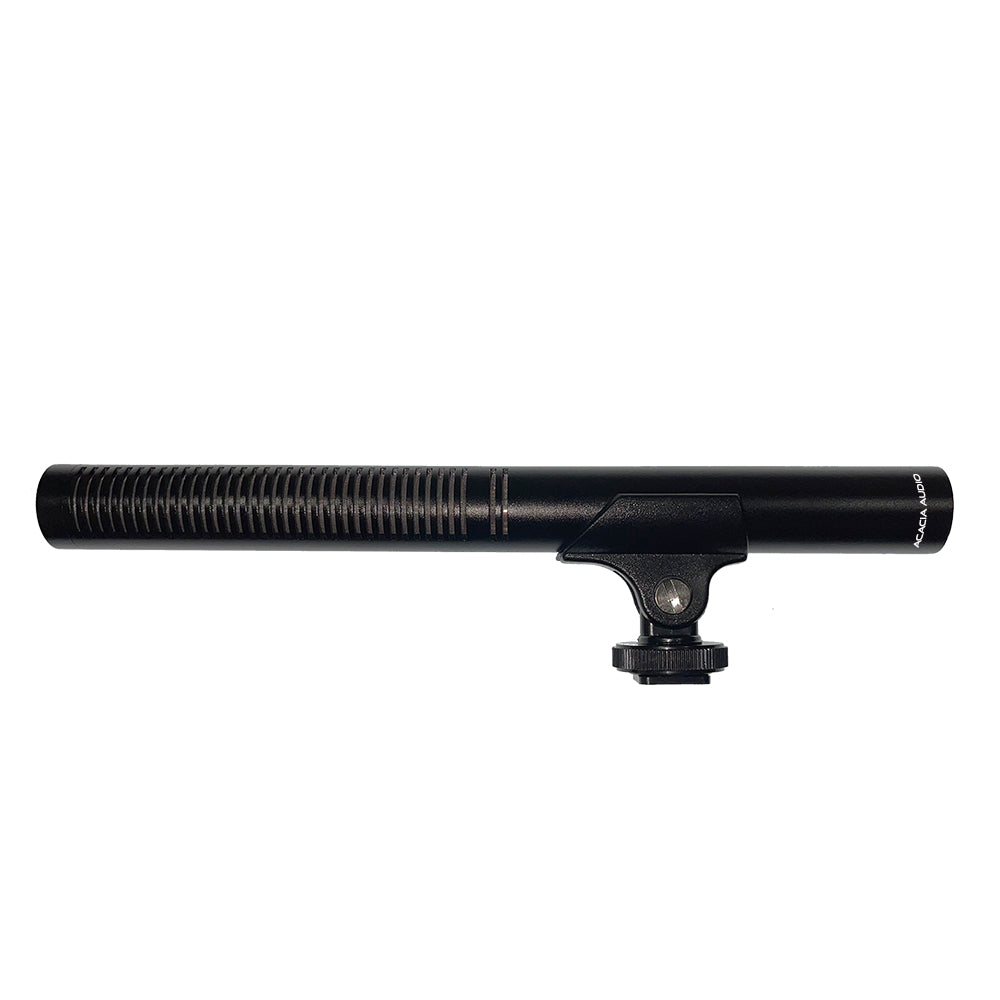 Acacia Audio Shotgun Microphone with a long, directional design, ideal for film, broadcast, interviews, and field recording shown without windscreen