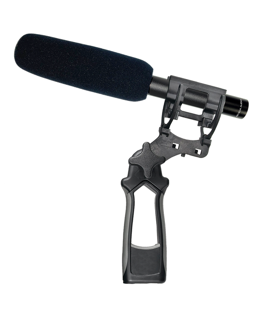 Acacia Audio medium Shotgun PAK Microphone with a long, directional design, ideal for film, broadcast, interviews, and field recording Shown are the parts