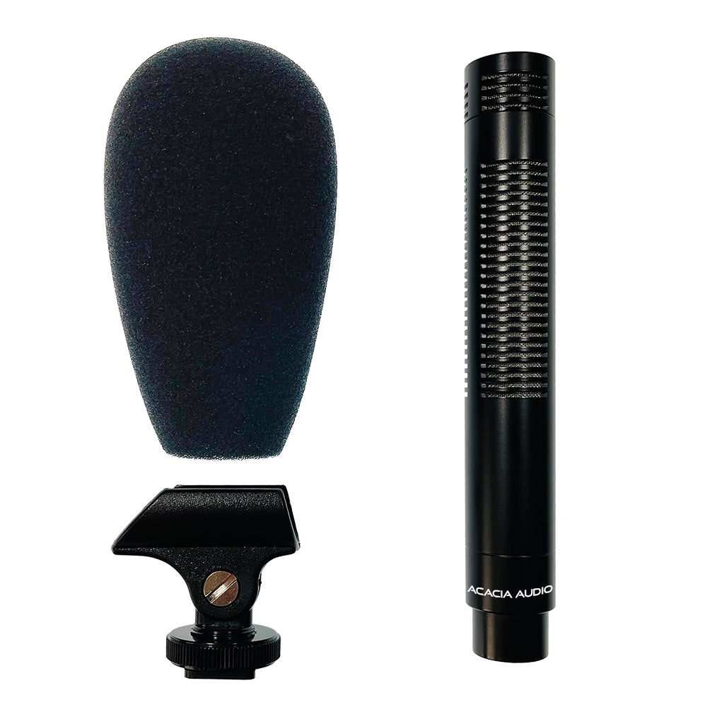 Acacia Audio Small Shotgun Microphone with a long, directional design, ideal for film, broadcast, interviews, and field recording Shown are the parts
