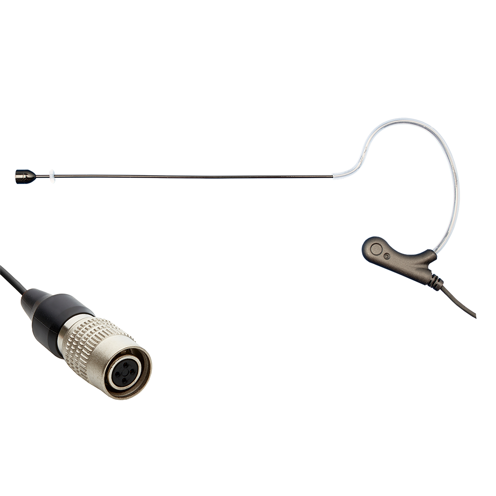 Black single ear headset microphone suitable for professional audio use in churches, worship, school, theater, vocal recording, presentations, and concerts.