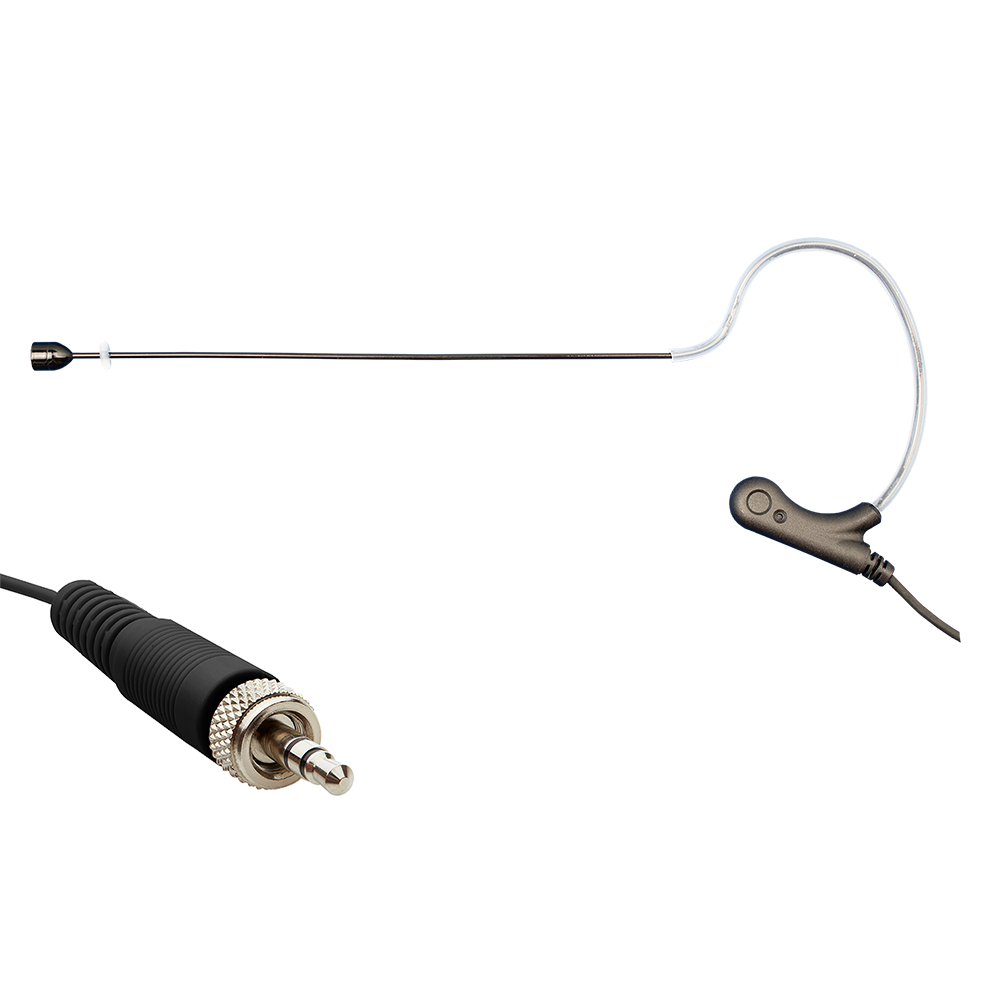 Black single ear headset microphone suitable for professional audio use in churches, worship, school, theater, vocal recording, presentations, and concerts.