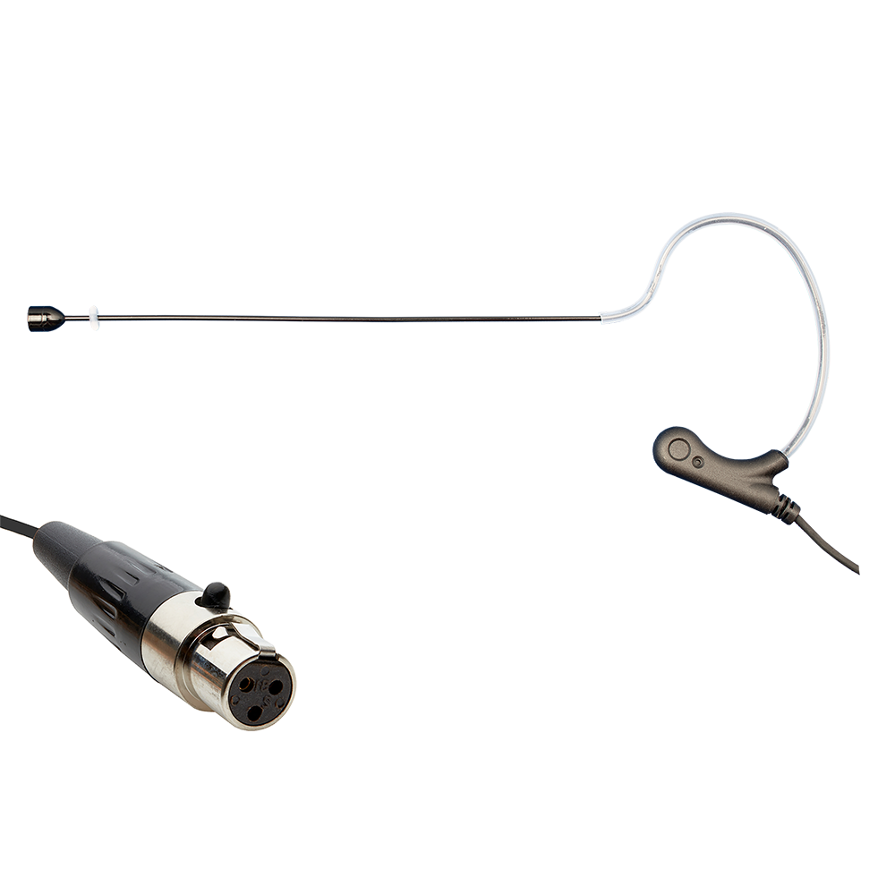 Black single ear headset microphone suitable for professional audio use in churches, worship, school, theater, vocal recording, presentations, and concerts.