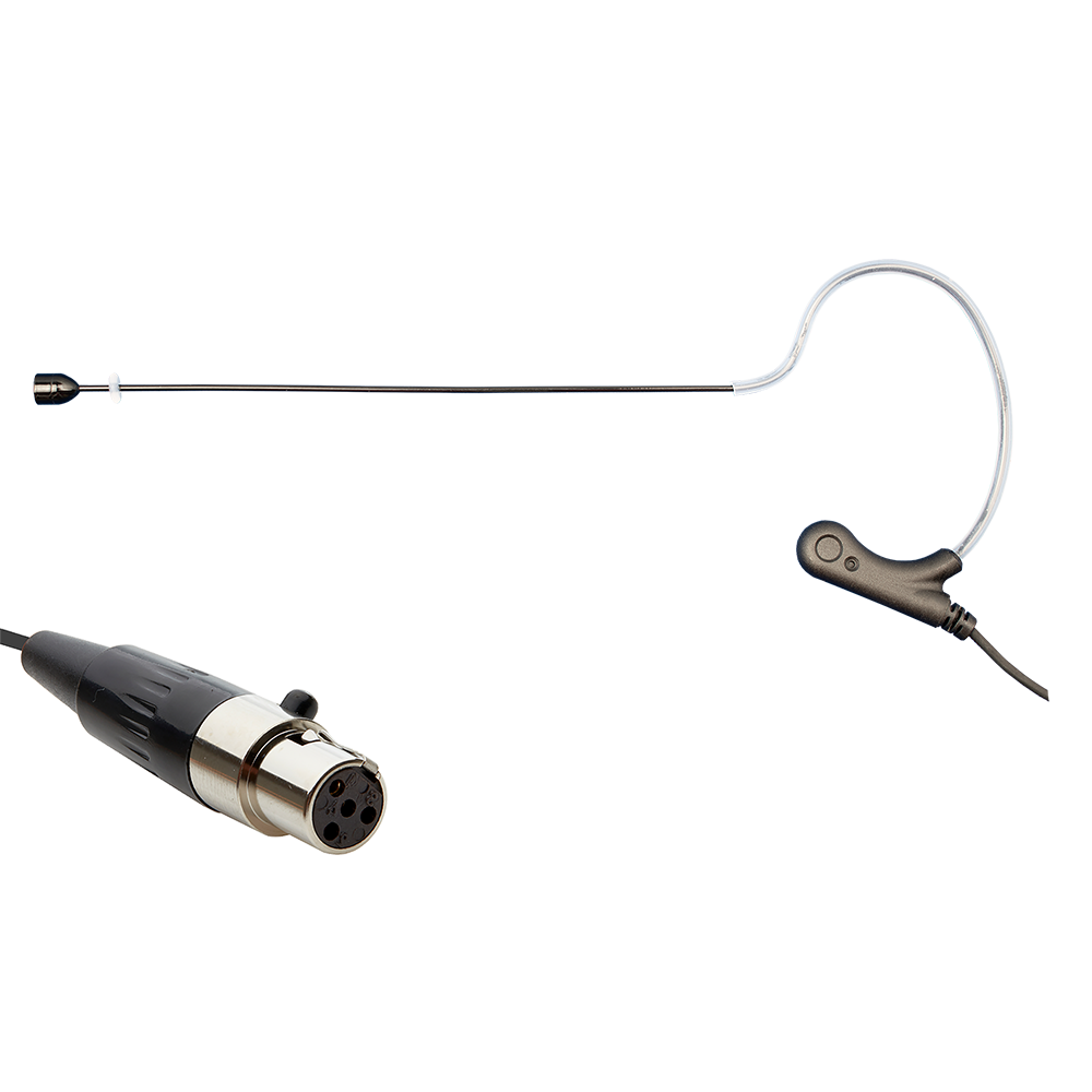 Black single ear headset microphone suitable for professional audio use in churches, worship, school, theater, vocal recording, presentations, and concerts.