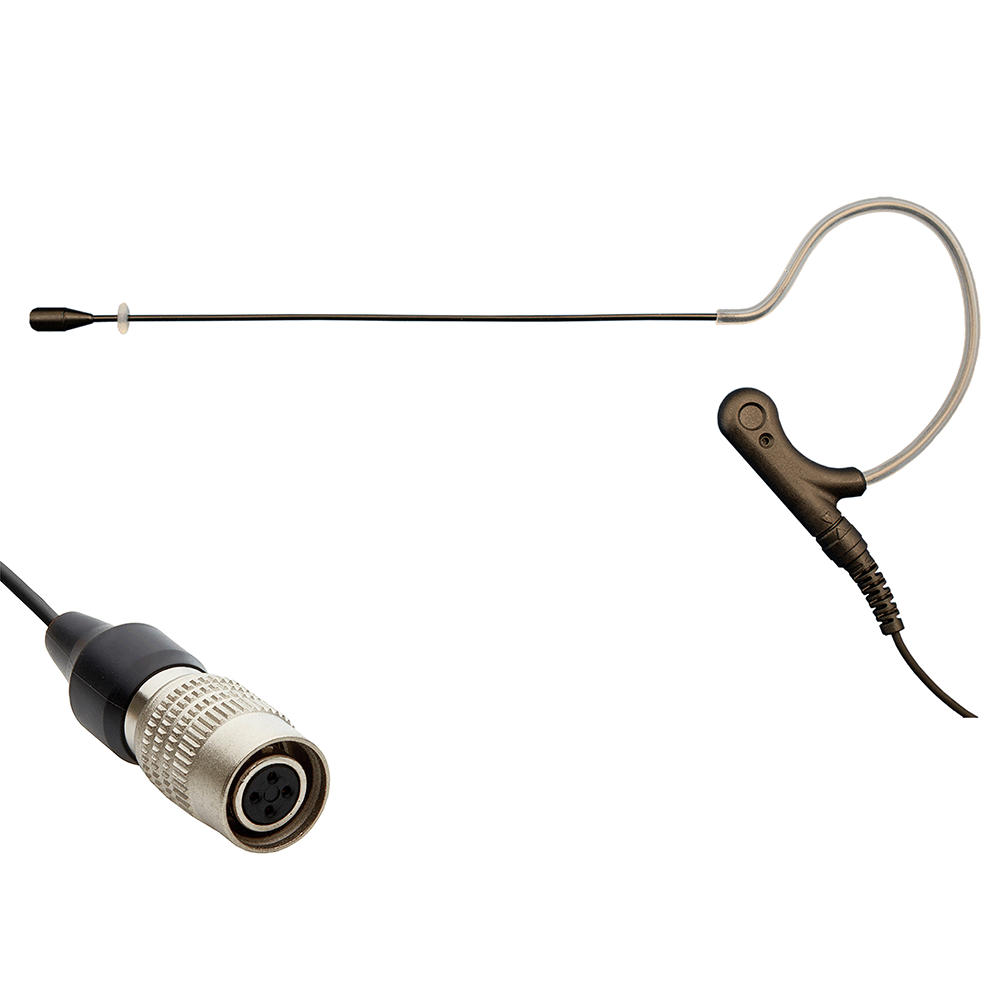 Black single ear headset microphone suitable for professional audio use in churches, worship, school, theater, vocal recording, presentations, and concerts.