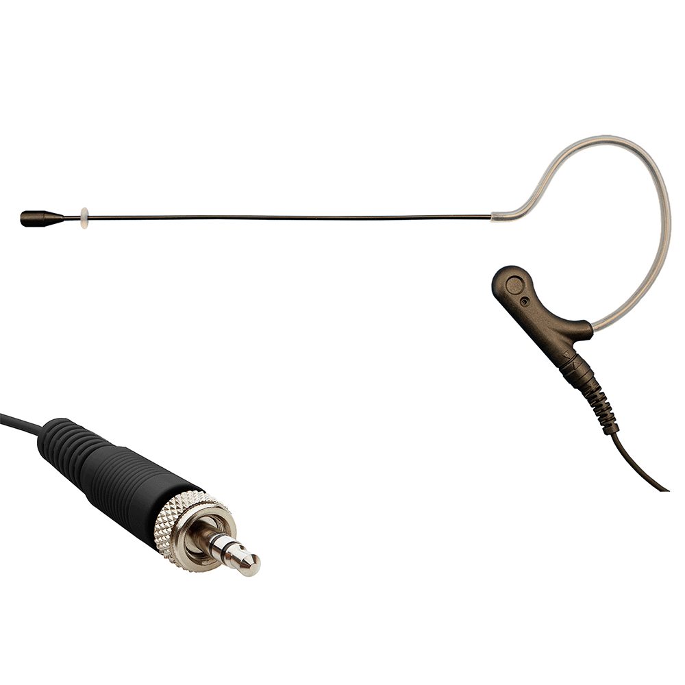 Black single ear headset microphone suitable for professional audio use in churches, worship, school, theater, vocal recording, presentations, and concerts.