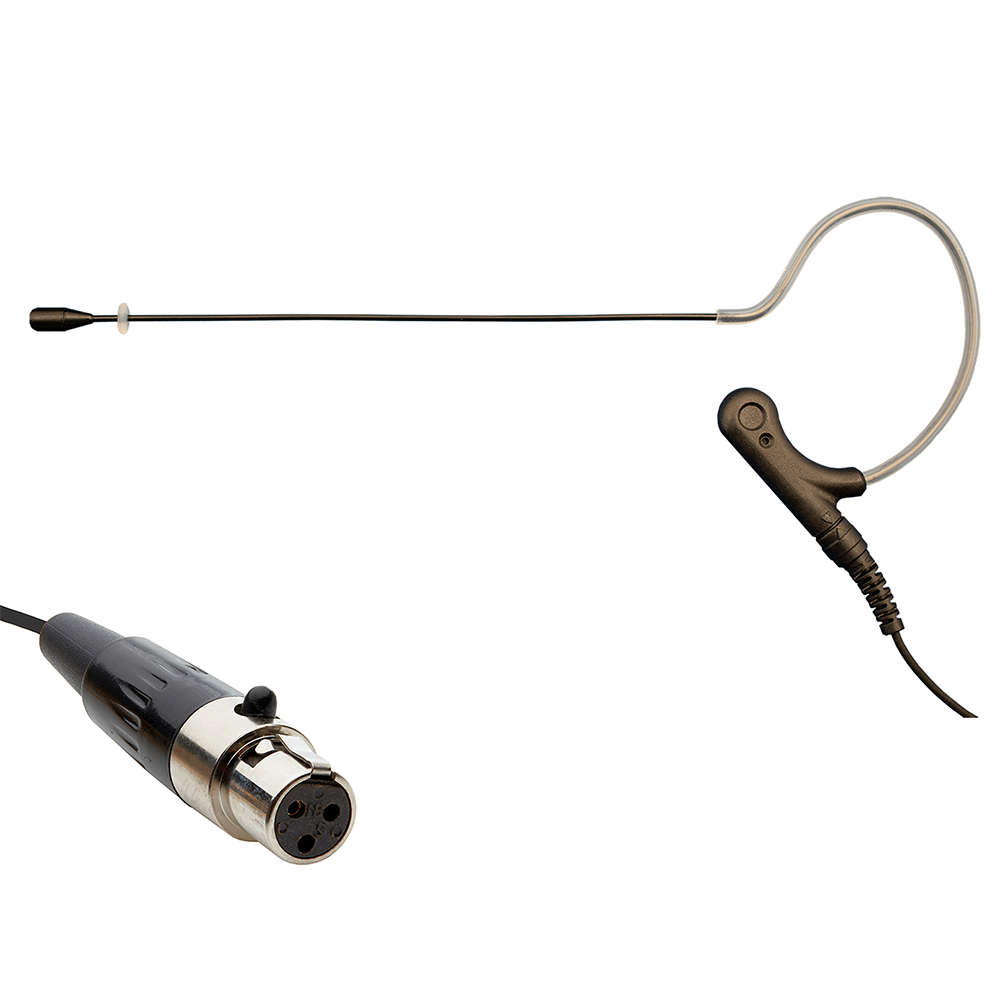 Black single ear headset microphone suitable for professional audio use in churches, worship, school, theater, vocal recording, presentations, and concerts.