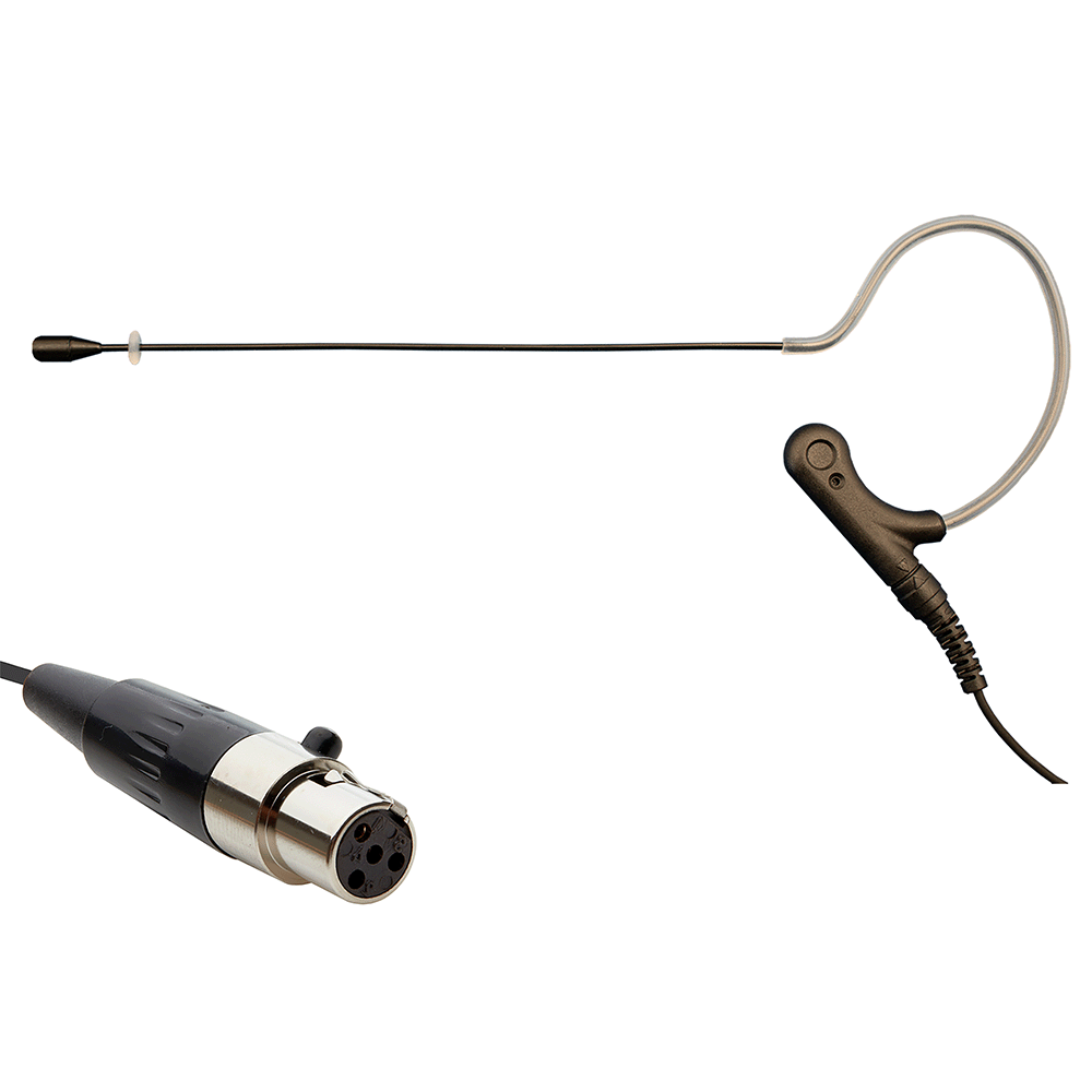 Black single ear headset microphone suitable for professional audio use in churches, worship, school, theater, vocal recording, presentations, and concerts.