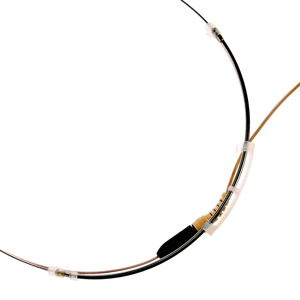 Professional Dual ear headset microphone suitable for professional audio use in churches, worship, school, theater, vocal recording, presentations, and concerts.  Shown is connector on frame
