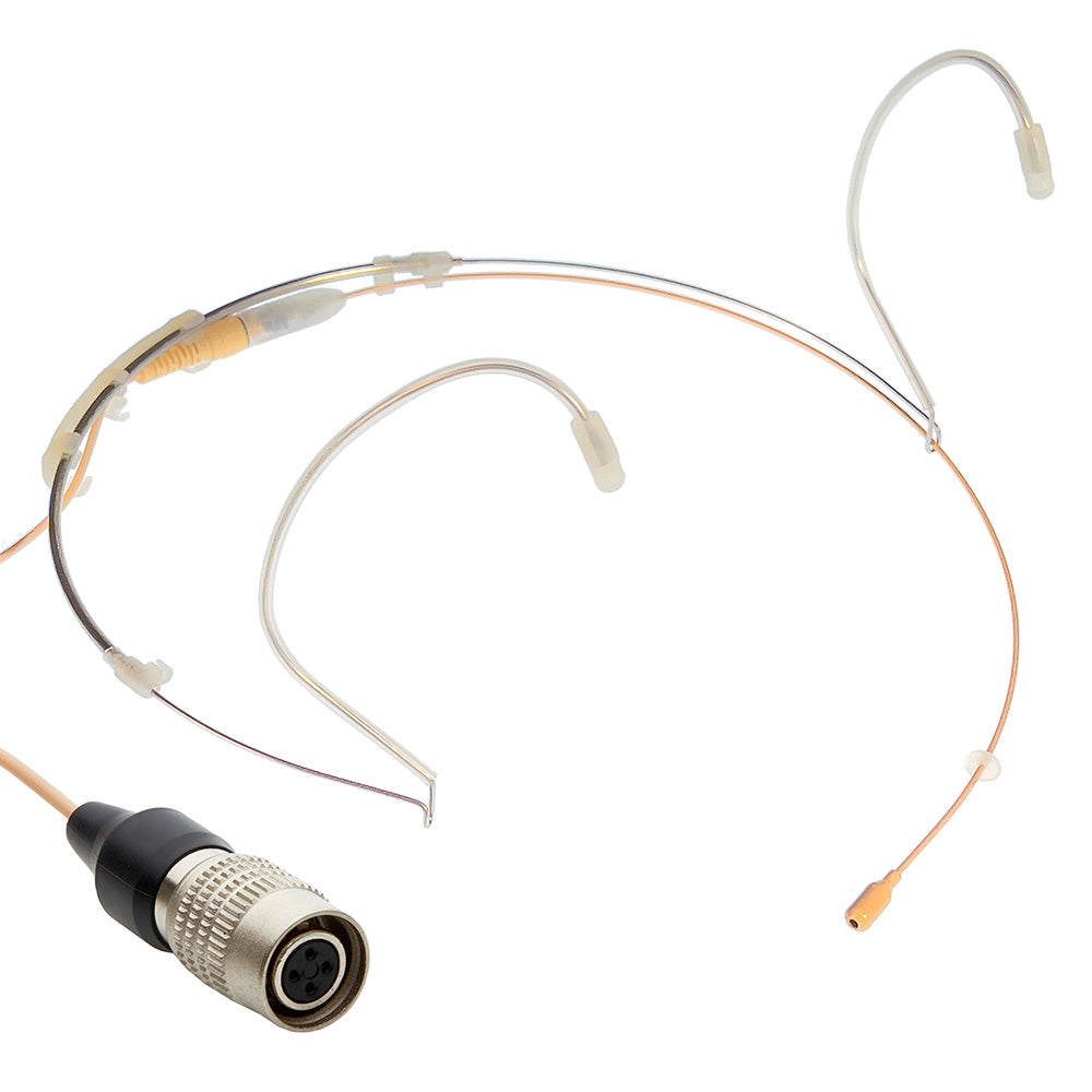 Professional Dual ear headset microphone suitable for professional audio use in churches, worship, school, theater, vocal recording, presentations, and concerts.  Shown with Audio Technica AT connector