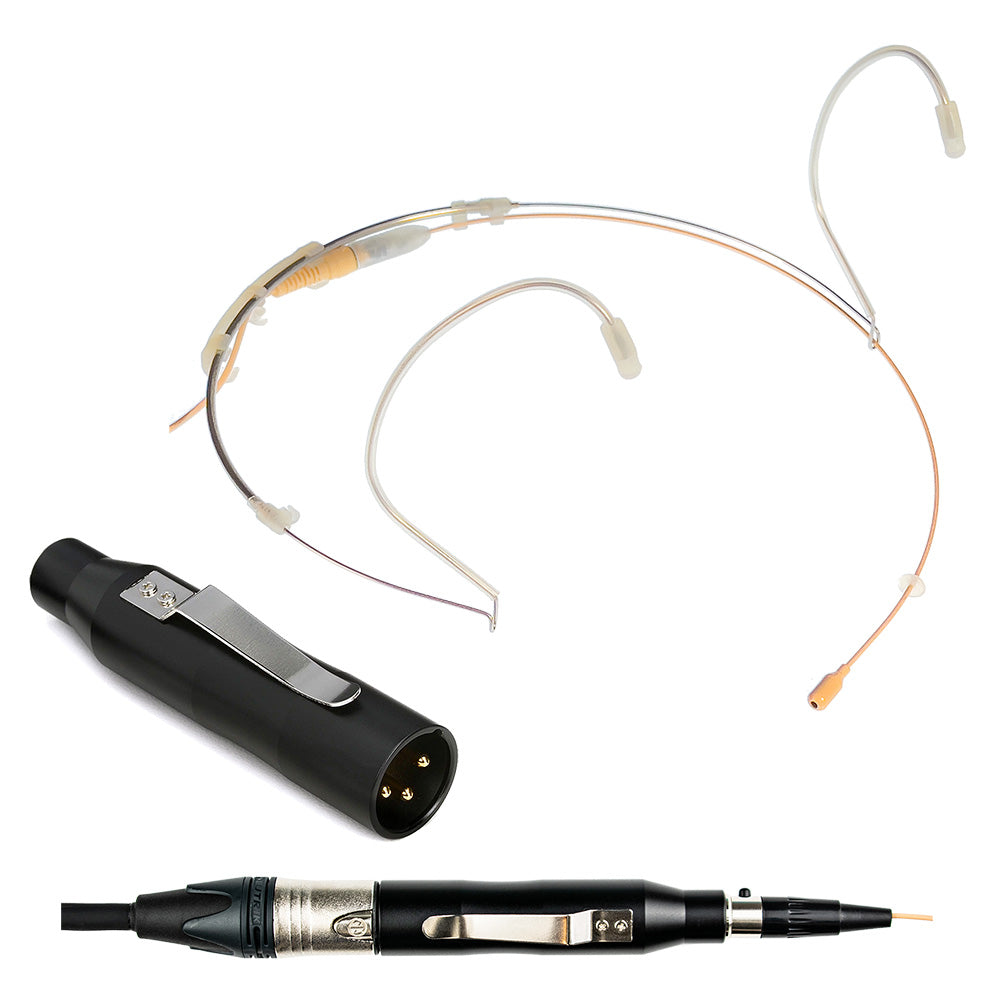 Professional Dual ear headset microphone suitable for professional audio use in churches, worship, school, theater, vocal recording, presentations, and concerts.  Shown with hard wire connector
