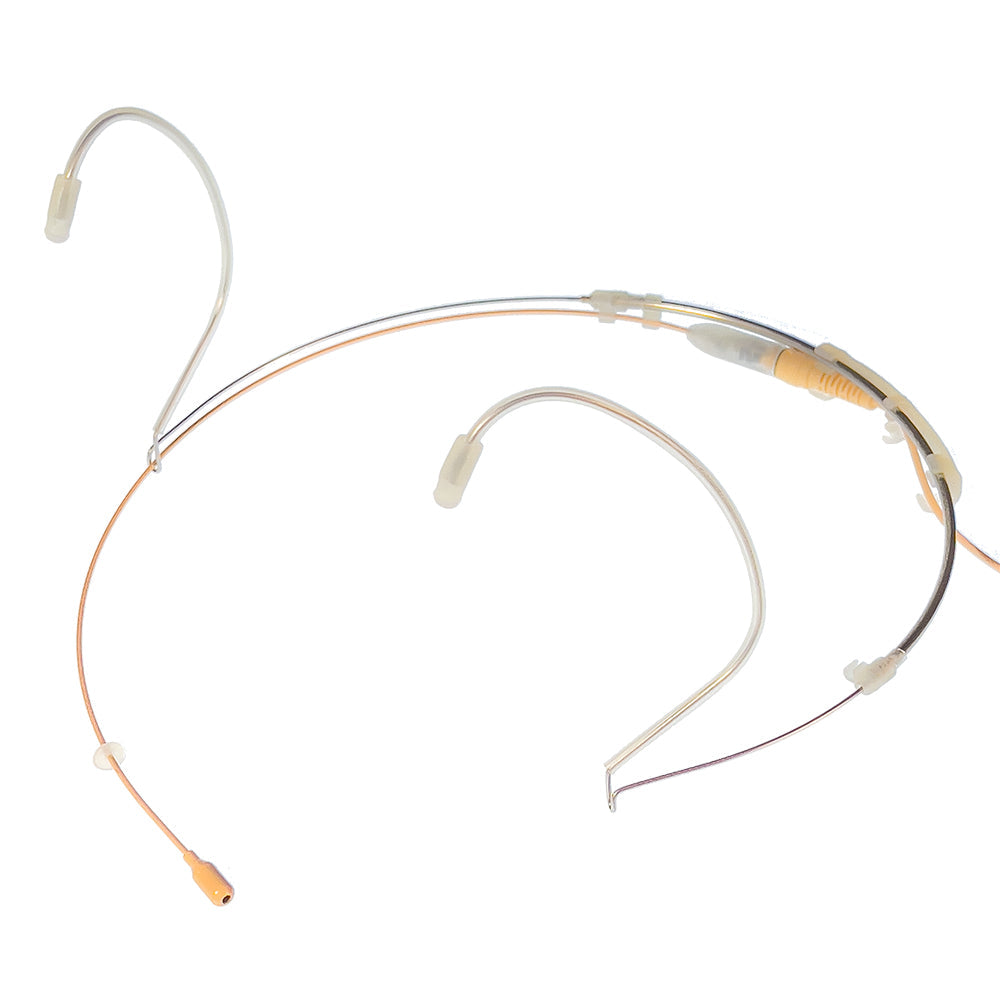 Professional Dual ear headset microphone suitable for professional audio use in churches, worship, school, theater, vocal recording, presentations, and concerts.  Shown with capsule on right