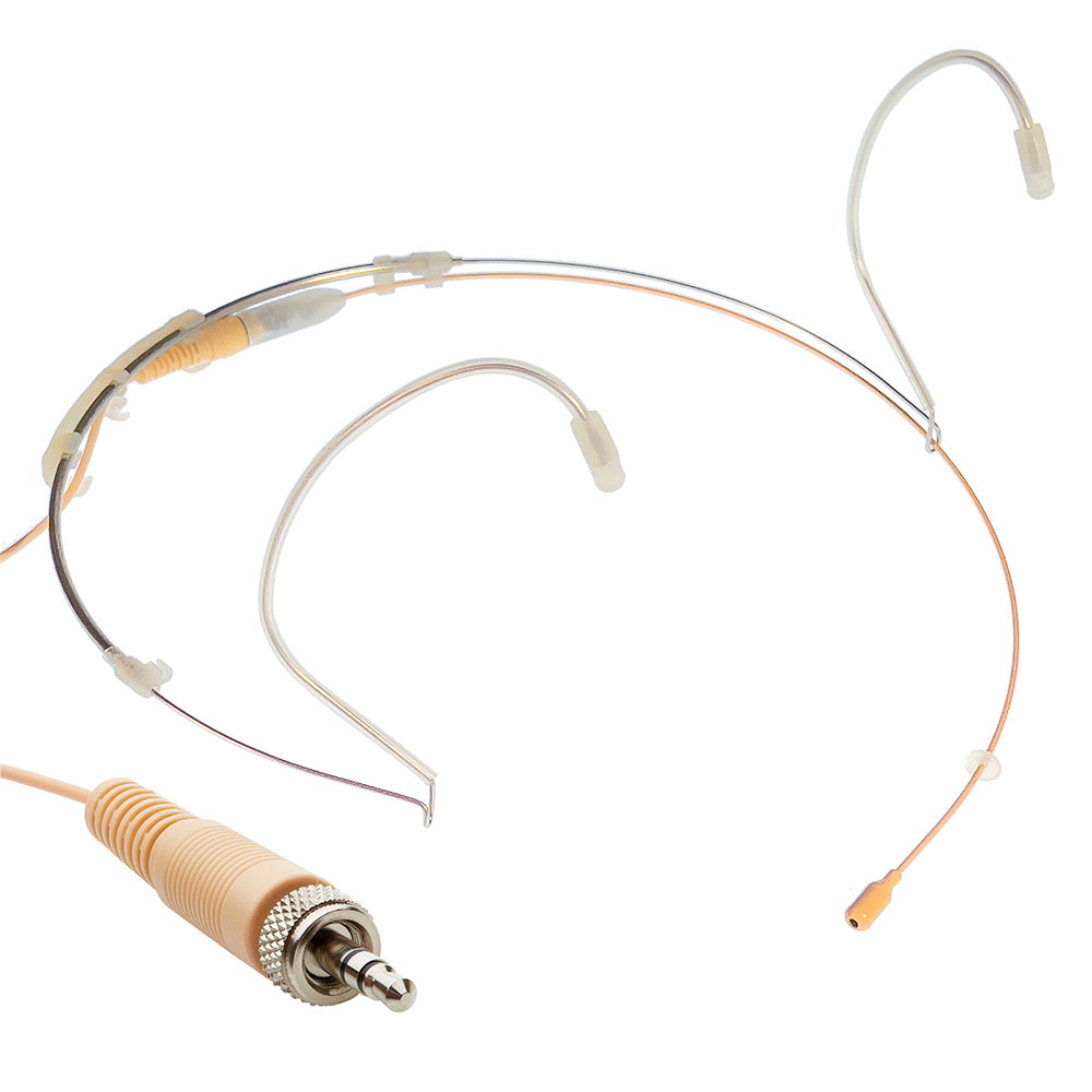 Professional Dual ear headset microphone suitable for professional audio use in churches, worship, school, theater, vocal recording, presentations, and concerts.  Shown with Sennheiser S8 connector