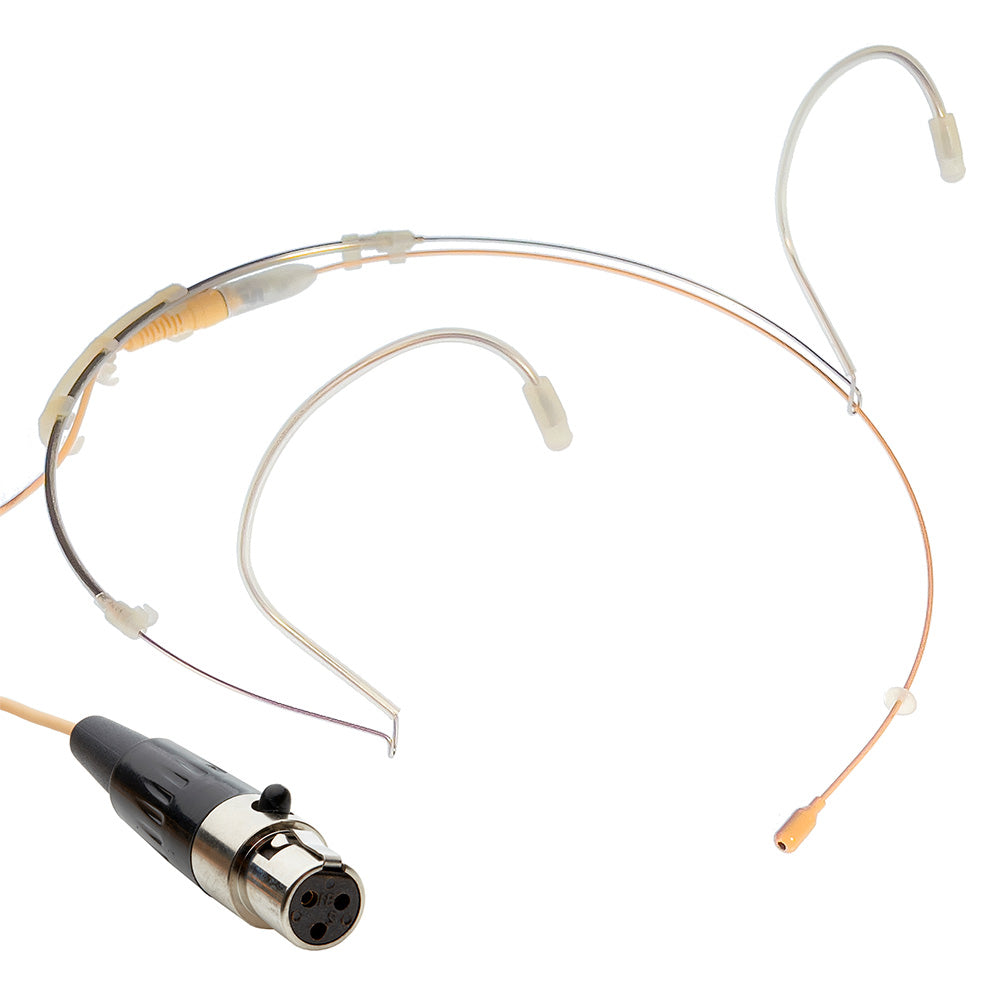 Professional Dual ear headset microphone suitable for professional audio use in churches, worship, school, theater, vocal recording, presentations, and concerts.  Shown with T3 connector