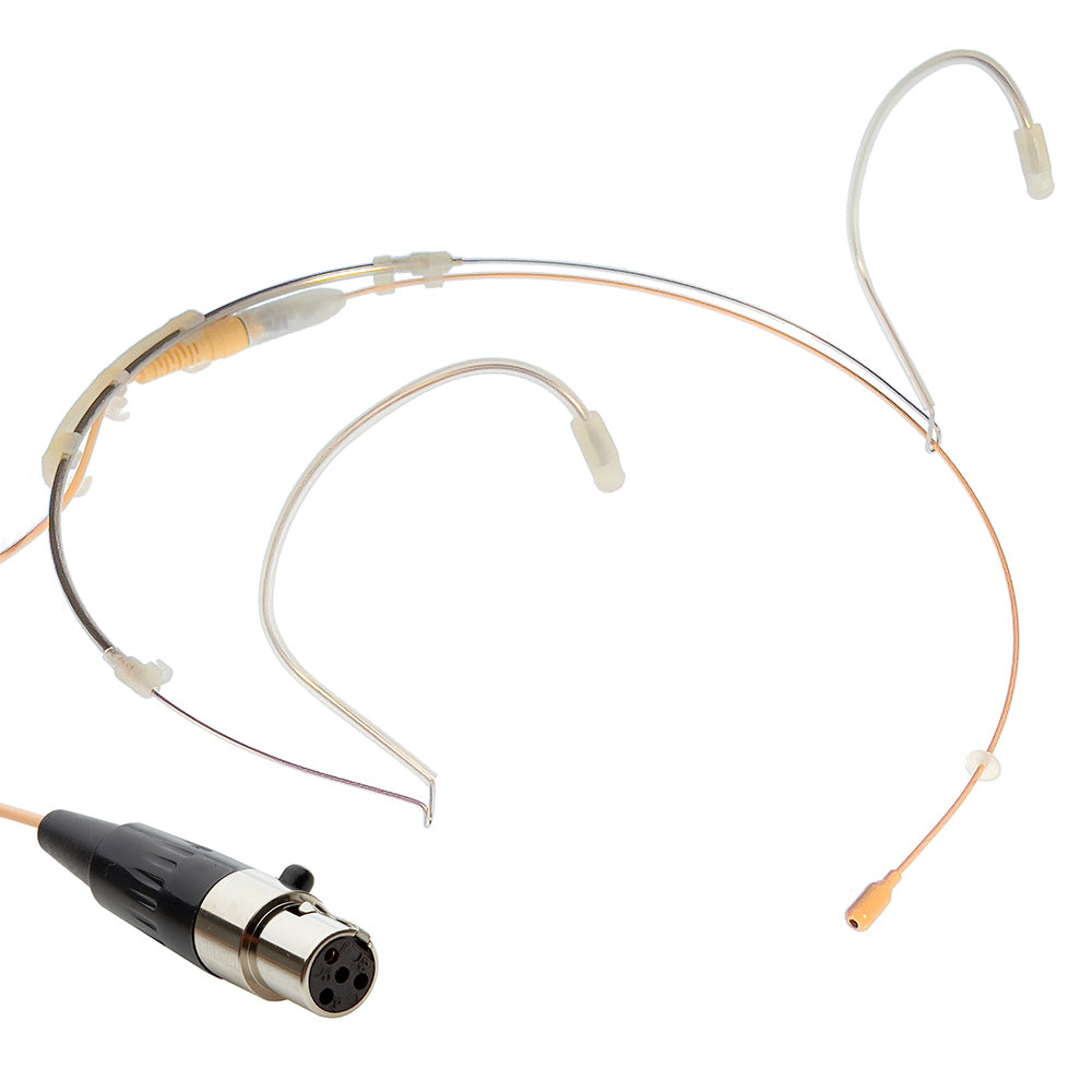 Professional Dual ear headset microphone suitable for professional audio use in churches, worship, school, theater, vocal recording, presentations, and concerts.  Shown with Shure T4 connector