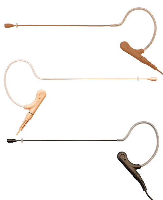 Set of three different pro single ear headset microphones on a white background