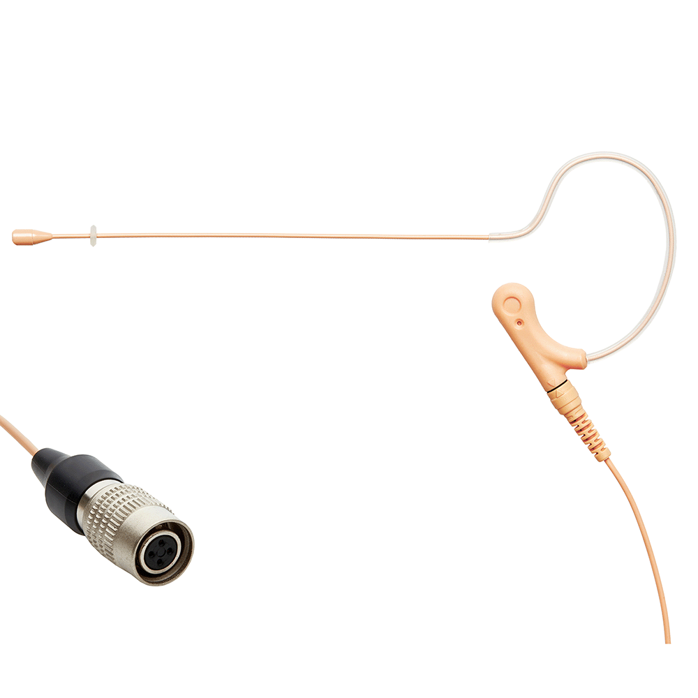 Tan single ear headset microphone suitable for professional audio use in churches, worship, school, theater, vocal recording, presentations, and concerts.