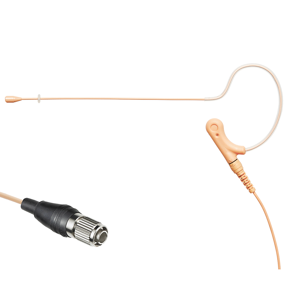 Tan single ear headset microphone suitable for professional audio use in churches, worship, school, theater, vocal recording, presentations, and concerts.