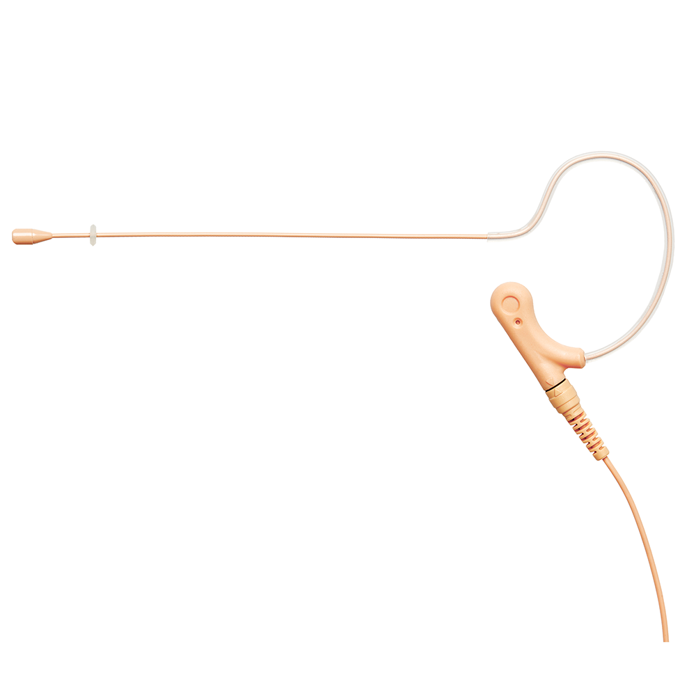 Tan single ear headset microphone suitable for professional audio use in churches, worship, school, theater, vocal recording, presentations, and concerts.