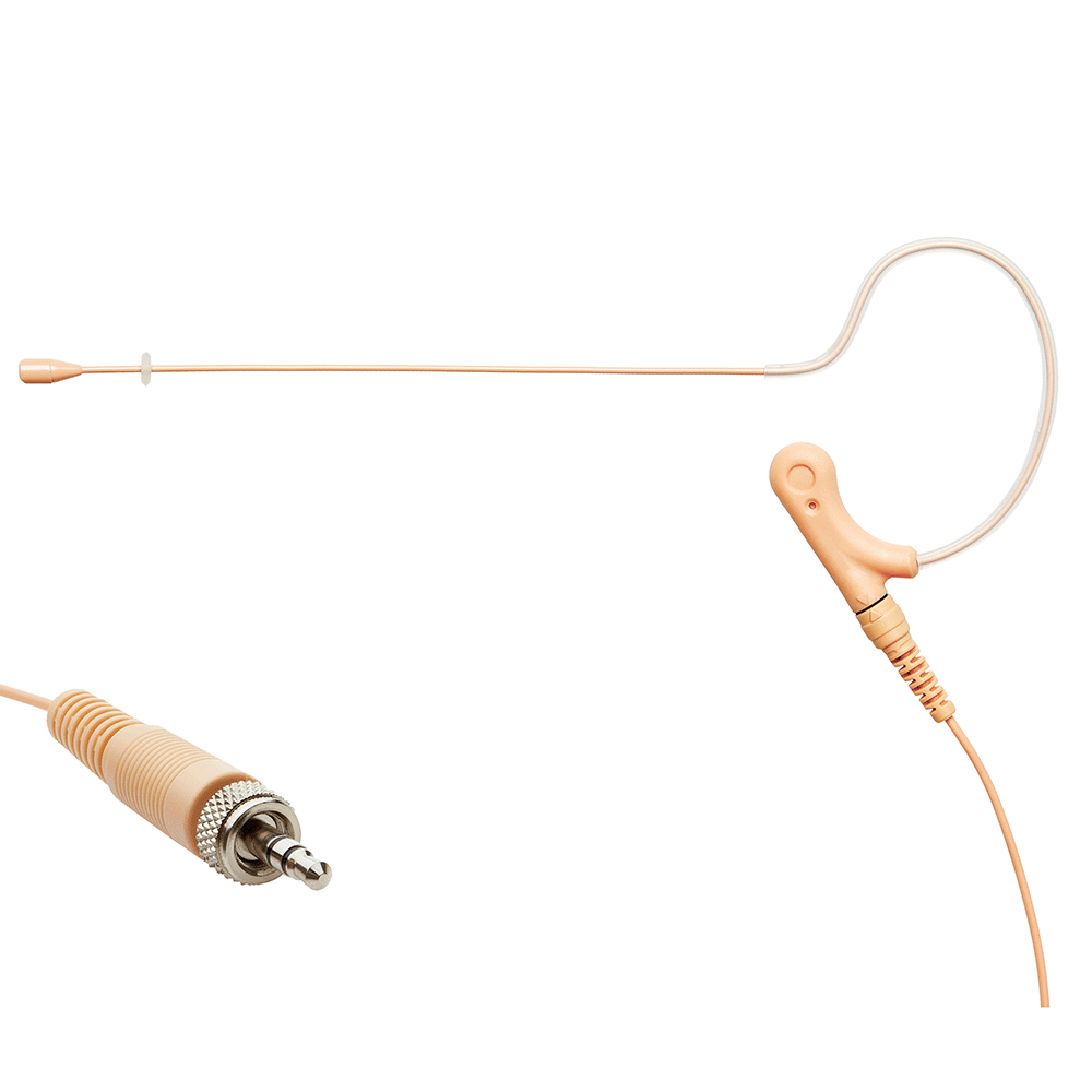 Tan single ear headset microphone suitable for professional audio use in churches, worship, school, theater, vocal recording, presentations, and concerts.