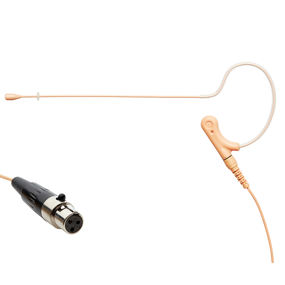 Tan single ear headset microphone suitable for professional audio use in churches, worship, school, theater, vocal recording, presentations, and concerts.