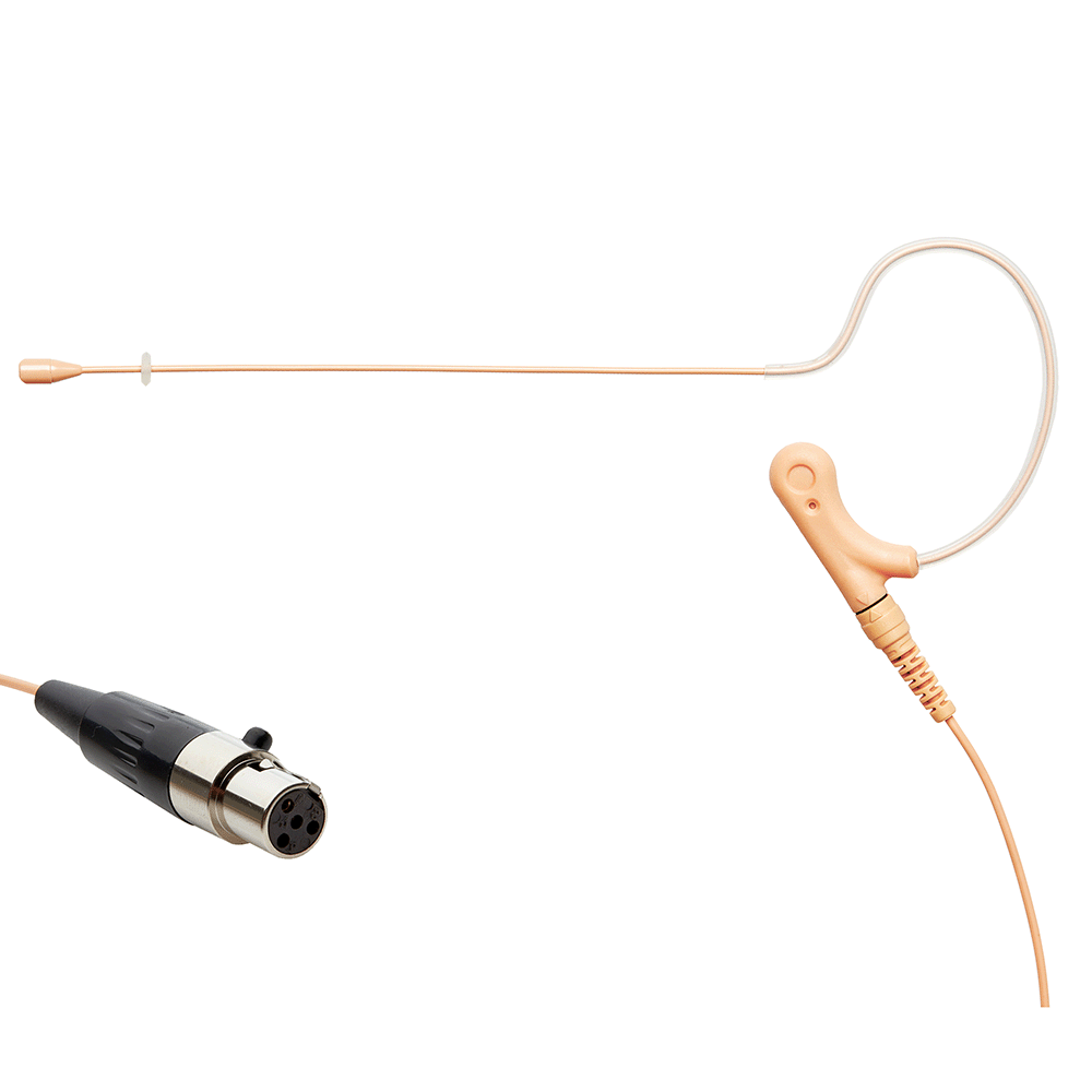 Tan single ear headset microphone suitable for professional audio use in churches, worship, school, theater, vocal recording, presentations, and concerts.