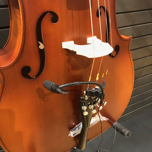 Cello instrument microphone from Acacia Audio with specialized mount and flexible gooseneck, designed for precise stereo recording on acoustic instruments.