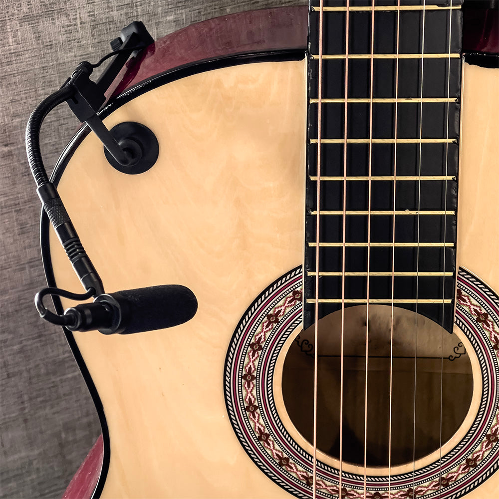 Guitar instrument microphone from Acacia Audio with specialized mount and flexible gooseneck, designed for precise stereo recording on acoustic instruments.