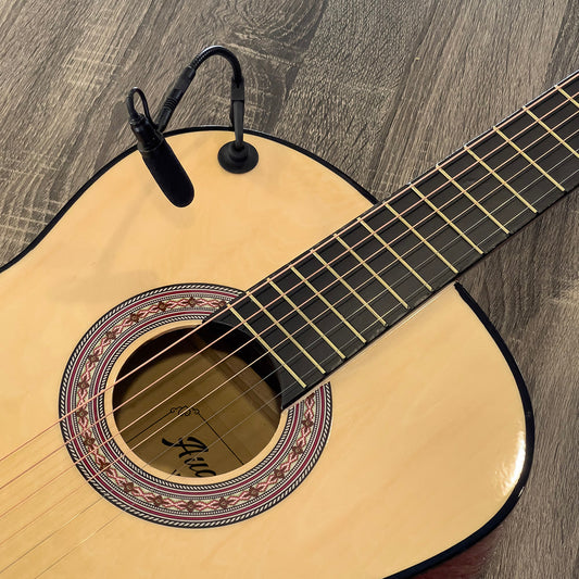 Guitar instrument microphone from Acacia Audio with specialized mount and flexible gooseneck, designed for precise stereo recording on acoustic instruments.