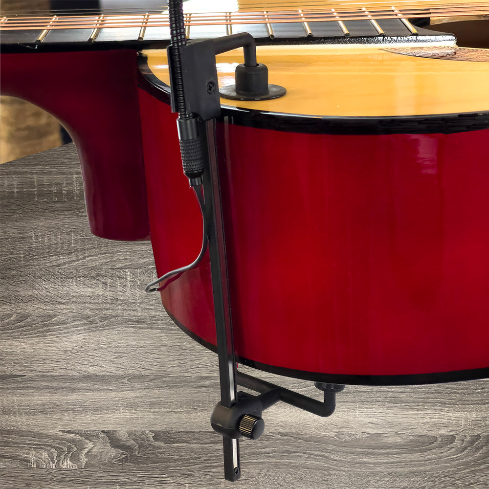 Guitar instrument microphone from Acacia Audio with specialized mount and flexible gooseneck, designed for precise stereo recording on acoustic instruments.
