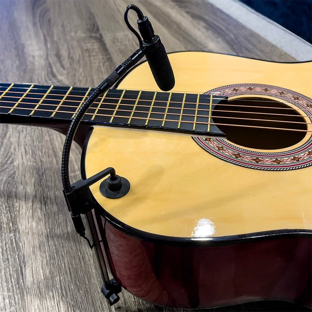 Guitar instrument microphone from Acacia Audio with specialized mount and flexible gooseneck, designed for precise stereo recording on acoustic instruments.