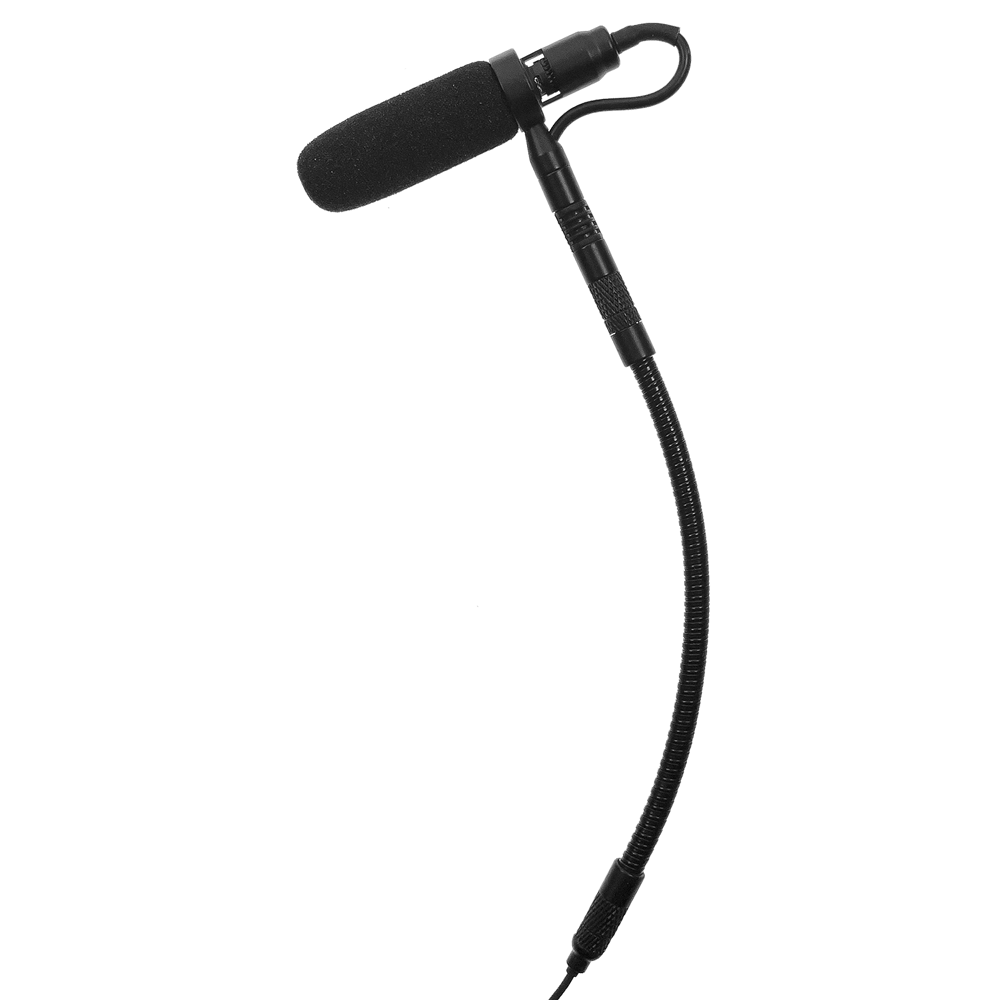 Guitar instrument microphone from Acacia Audio with specialized mount and flexible gooseneck, designed for precise stereo recording on acoustic instruments.