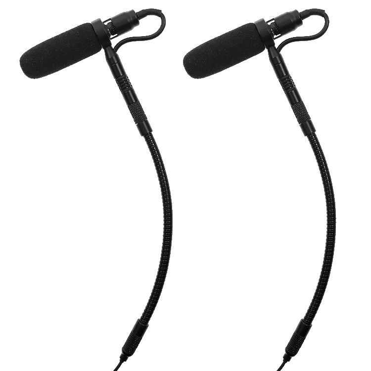 Piano instrument microphones from Acacia Audio with specialized magnetic mounts and flexible goosenecks, designed for precise stereo recording on acoustic instruments.