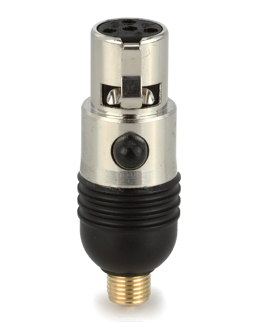 A Shure wireless adapter with a T4AF connector for LIZ-Instrument mics, featuring a metal body with a black and silver color scheme.