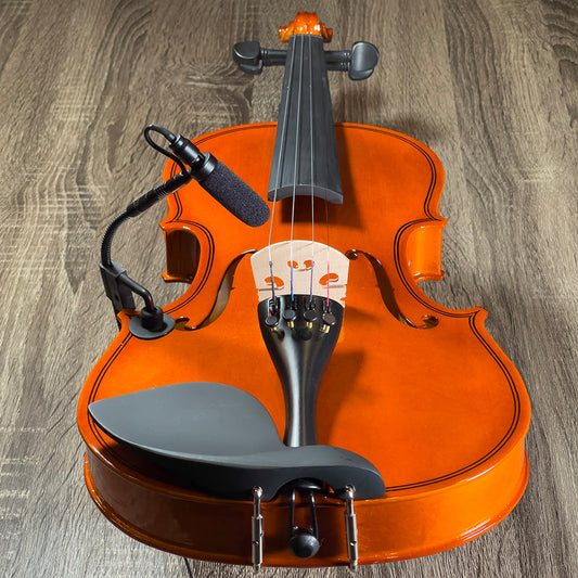 Violin instrument microphone from Acacia Audio with specialized mount and flexible gooseneck, designed for precise stereo recording on acoustic instruments.