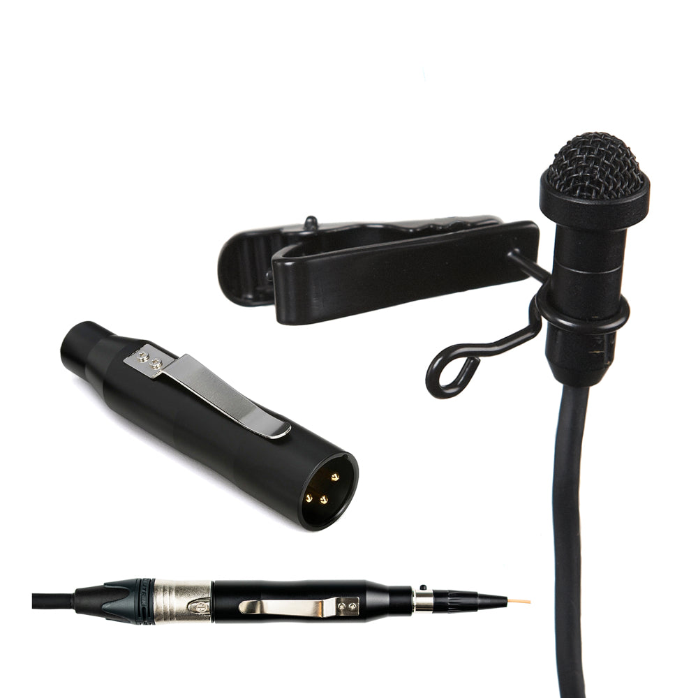 Acacia Audio black lavalier microphone with clip and windscreen, designed for discreet voice recording shown with hard wire connector