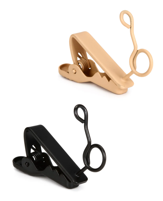 Two replacement lav mic clothing clips, one in beige and one in black, made from a lightweight alloy.