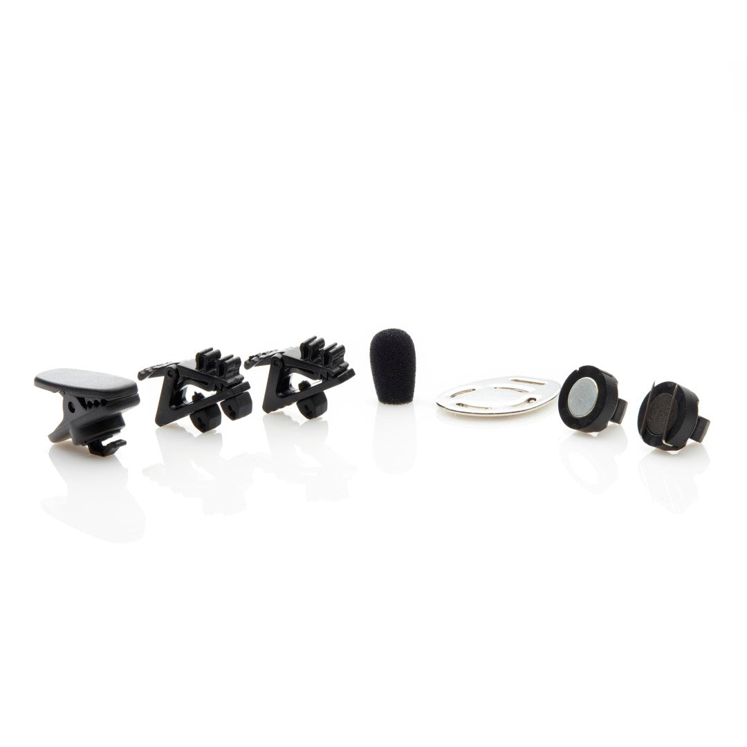 Acacia Audio Platinum Lavalier microphone – a compact, clip-on lapel mic with a sleek black design, wired connection, and foam windscreen, designed for clear audio recording in professional or mobile setups shown are the accessories